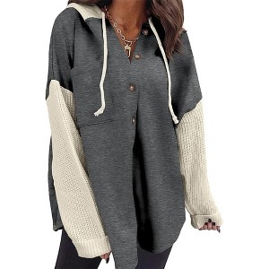 Women's Loose Casual Color - Block Patchwork Long - Sleeve Button Hoodie Jacket - 1 of 4