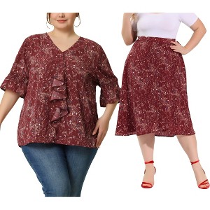 Agnes Orinda Women's Plus Size 2 Piece Boho Floral Ruffle Smocked Sleeve Casual Blouses and Wrap A-Line Skirt Fashion Top and Bottom Sets - 1 of 4