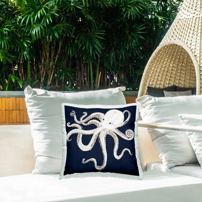 Nautical Octopus Illustration Blue and White Outdoor Pillow