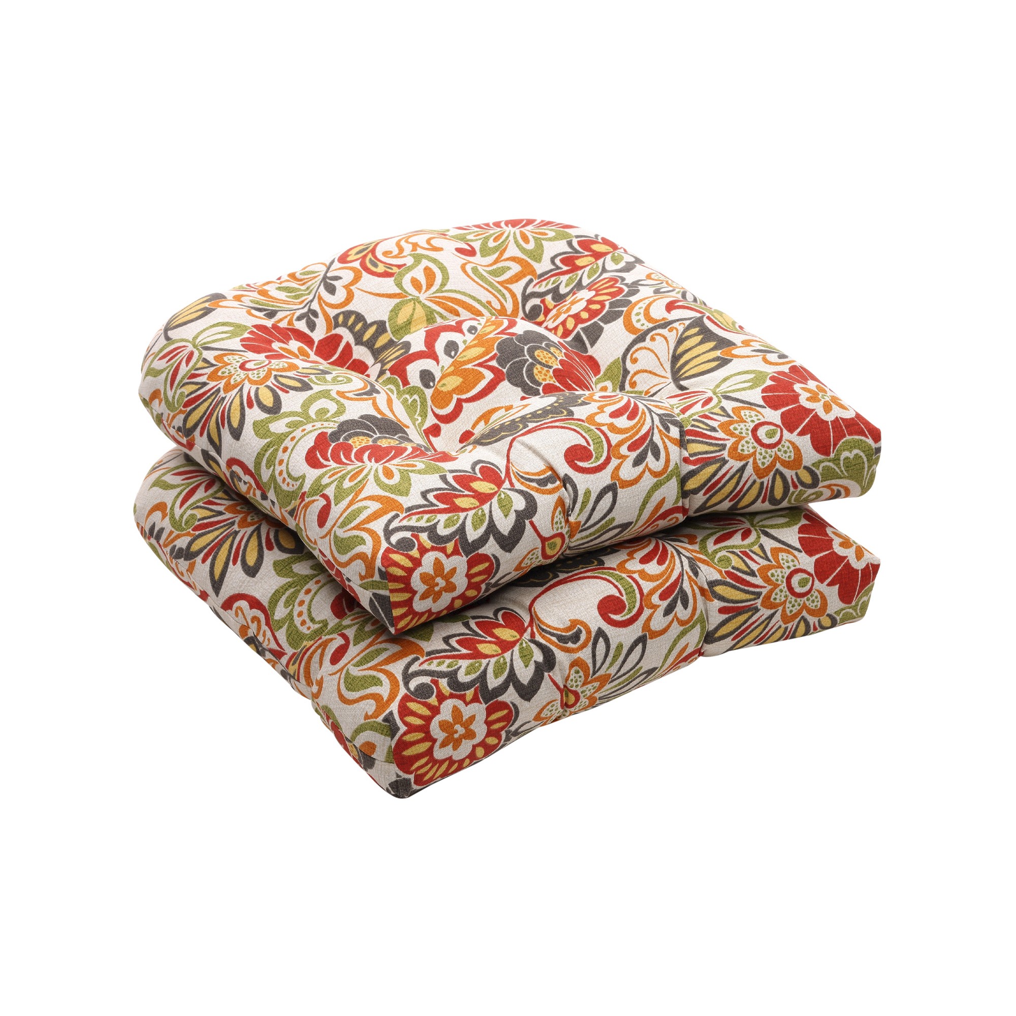Outdoor 2-Piece Wicker Chair Cushion Set - Green/Off-White/Red Floral