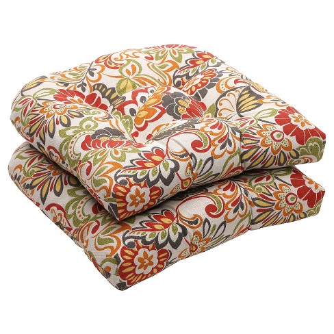 outdoor 2-piece wicker chair cushion set - green/off-white/red floral