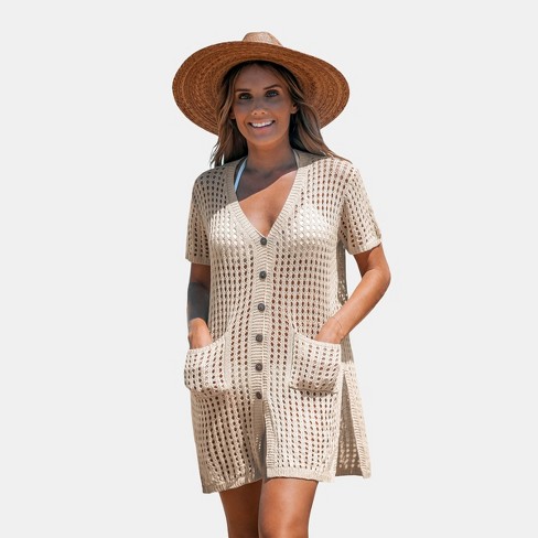 Women's Apricot Open Knit Front Button Cover-Up - Cupshe - image 1 of 4