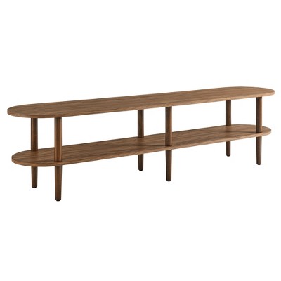 Modway Torus Oval TV Stand with Shelves in Walnut – 69 Inch Curved Wood Entertainment Center with Open Storage for Living Room