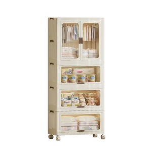 4 Tier Portable Kids Wardrobe Closet with Doors, Plastic Children's Clothing Storage Cabinet with Hanging Rod & 10 Hangers, Baby Clothes Organizer - 1 of 4