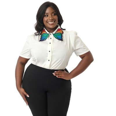 Unique Vintage Women's Plus Collar Cotton Blouse White & Rainbow Butterfly