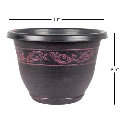 Plum Pink 13" Plastic Outdoor Planter with Decorative Trim