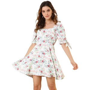 Allegra K Women's Floral Printed Sweetheart Neck Puff Sleeve A-Line Mini Dress - 1 of 4