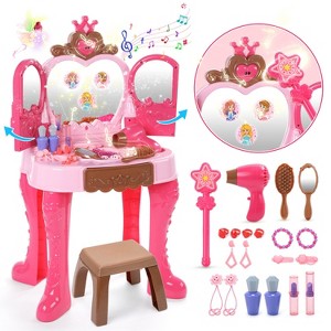 Skirfy Toddler Vanity Makeup Table with Mirror and Chair, Kids Pretend Play Vanity Set with Accessories, Lights & Music,Pink - 1 of 4