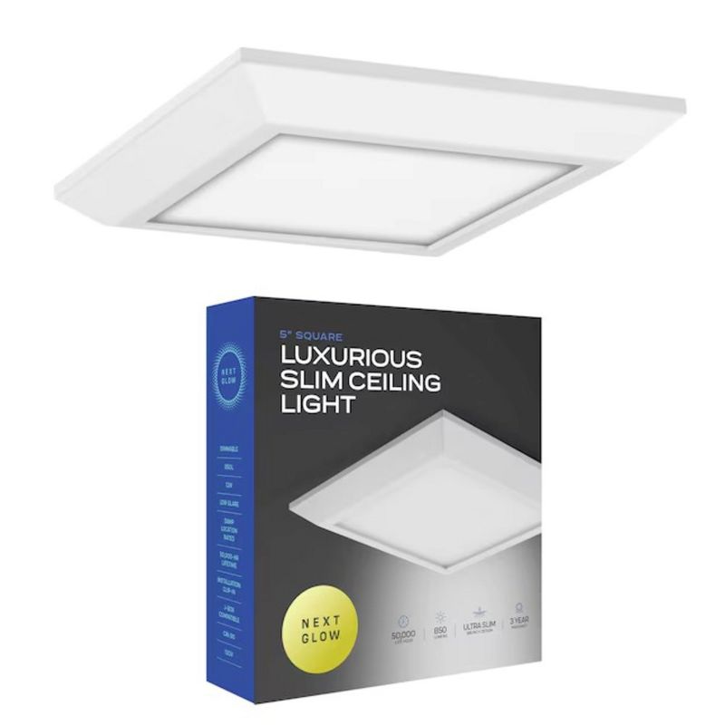 Next Glow Ultra Slim 5" LED Ceiling Light Fixture, 3000K Square, Flush Mount Light, 1 of 10