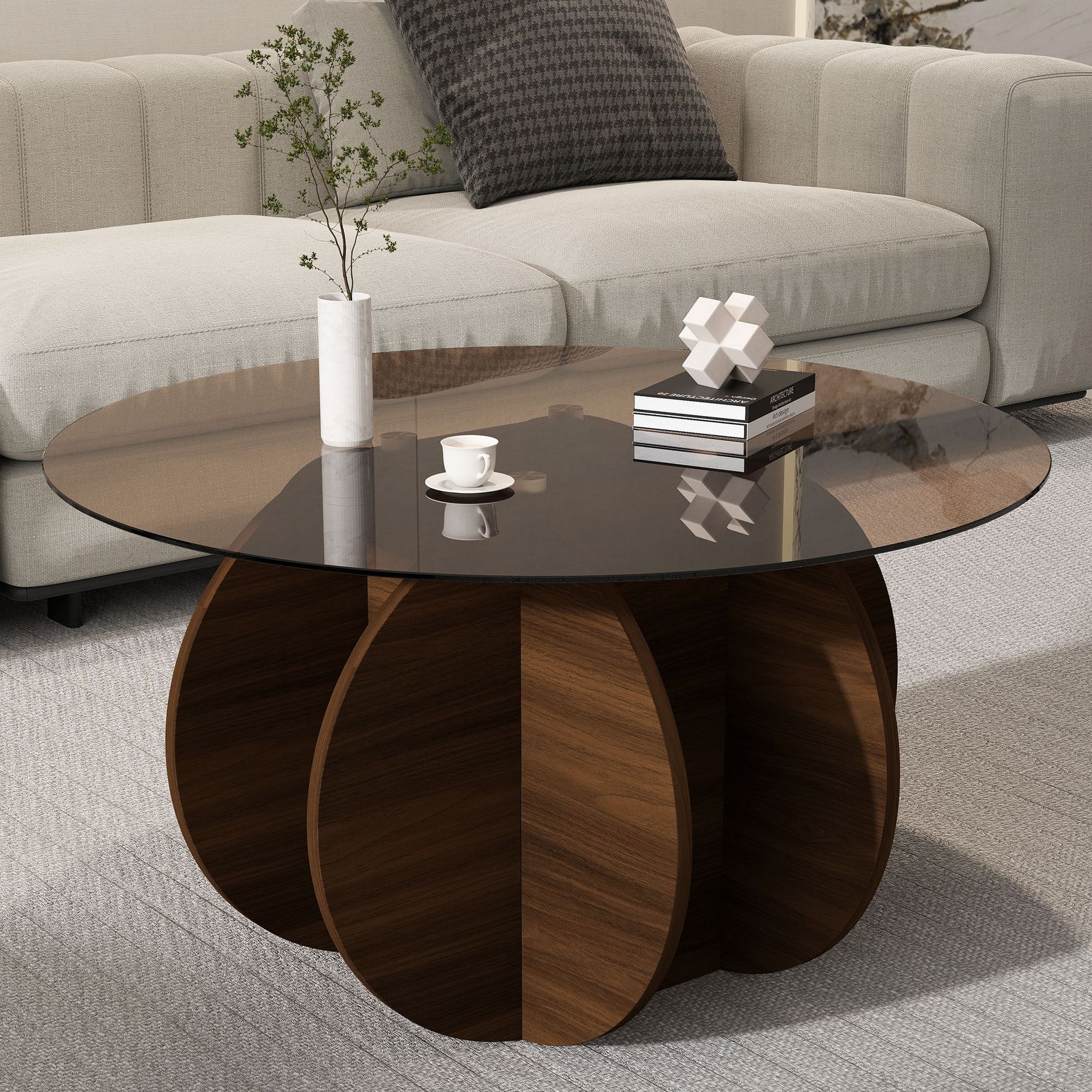 31" Glass Coffee Table, Round Coffee Table with Petal-Inspired Base, Brown Coffee Table