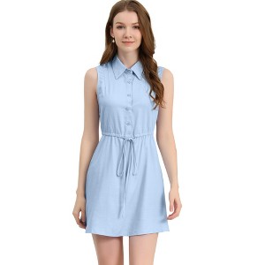Allegra K Women's Sleeveless Point Collar Drawstring Waist Button Down Shirtdress - 1 of 4