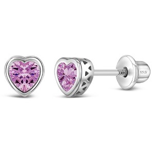 Girl's CZ Birthstone Heart Screw Back Sterling Silver Earrings - In Season Jewelry - 1 of 4