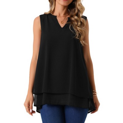 INSPIRE CHIC Women's Chiffon V Neck Sleeveless Casual Asymmetrical Hem Double Layer Flowy Blouse