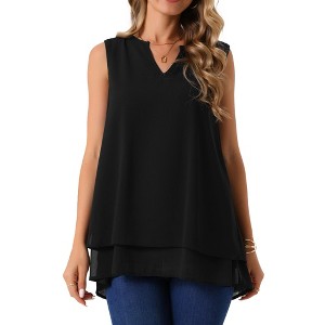 INSPIRE CHIC Women's Chiffon V Neck Sleeveless Casual Asymmetrical Hem Double Layer Flowy Blouse - 1 of 4