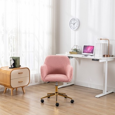 Office Chair With Wheels, Chromium Plated Base, Gold Metal Legs 360° Swivel Vanity Chair, Adjustable Height Wool Chairs