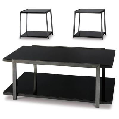 3pc Rollynx Coffee and End Table Set Black - Signature Design by Ashley: Aged Silvertone Metal, Glass Surface