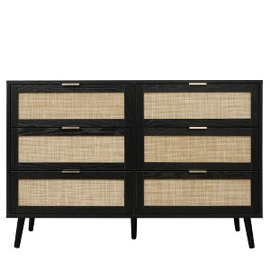 6 Drawer Chest Dresser with Rattan Storage and Pine Legs - Natural Wood Tall Chest of Drawers for Bedroom-Scratch Resistant Buffet Cabinet in Black - 1 of 4