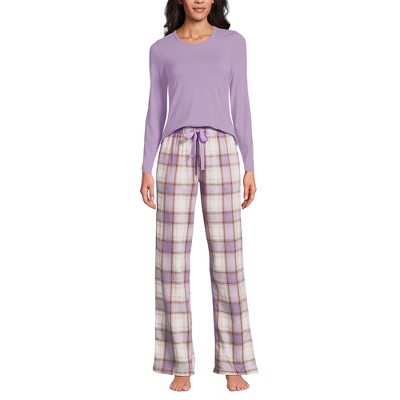 Lands' End Women's Pajama Set Knit Long Sleeve T-Shirt and Flannel Pants