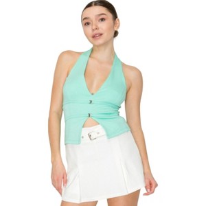 Slickblue Women's Halter Neck Buckled Crop Top, Open Back Fitted Sleeveless Shirt, 4 Color Options, Size S-L - 1 of 4