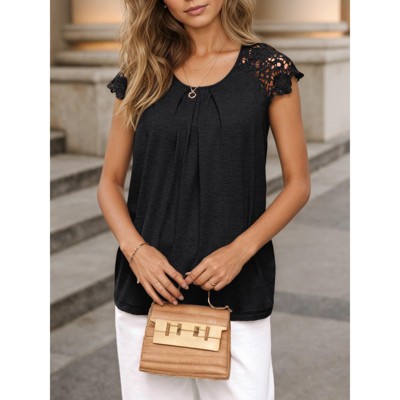 Women's Lace Top Pleated Short Sleeve Flowy Blouse Summer Loose Business Casual Dressy Shirts