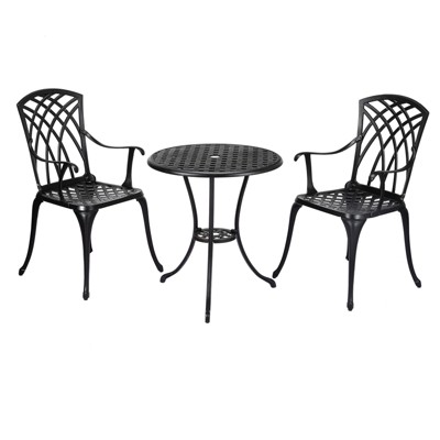 3-Piece Outdoor Bistro Set, Cast Aluminum Chairs & Table with Umbrella Hole, Adjustable Feet for Garden