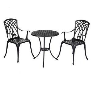3-Piece Outdoor Bistro Set, Cast Aluminum Chairs & Table with Umbrella Hole, Adjustable Feet for Garden - 1 of 4