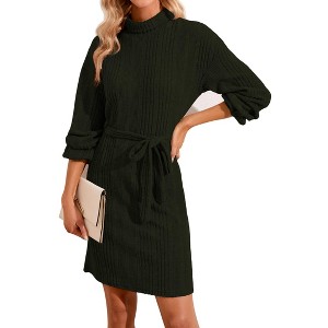 Clearlove Women Long Sleeve Midi Sweater Dress Mock Neck Knit Tie Waist Dresses - 1 of 4