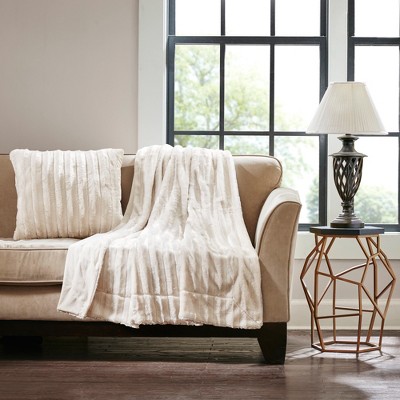 Ivory Faux Fur Reversible Winter Throw Blanket 50"x60"