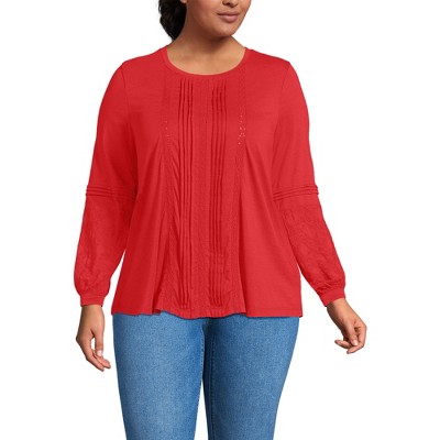 Lands' End Women's Lightweight Jersey Lace Mix Long Sleeve Pintuck Top