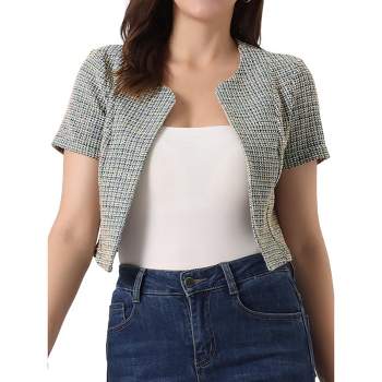 Allegra K Women's Vintage Open Front Short Sleeve Crop Tweed Cardigan