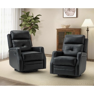 Set of 2 Basilio 28.74" Wide Tufted Wooden Upholstery Genuine Leather Swivel Rocker Recliner with Nailhead Trims | ARTFUL LIVING DESIGN