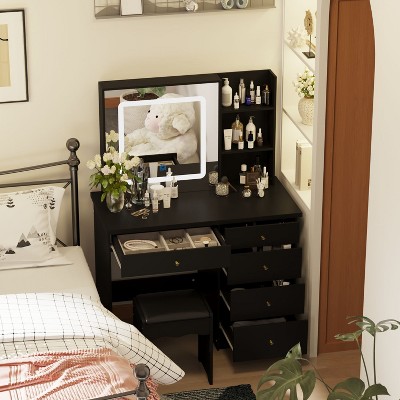 Famapy 39.4"W Mirrored Vanity Table Makeup Vanity Set with Stool and Storage Drawers