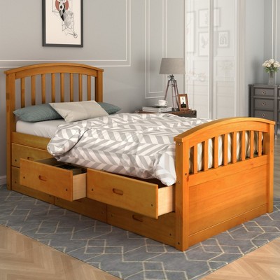 Sapphtopaz Twin Size Bed Frame with Headboard and 6 Drawers, Solid Wood Slats Support Bed, Bedroom Furniture, No Box Spring Needed