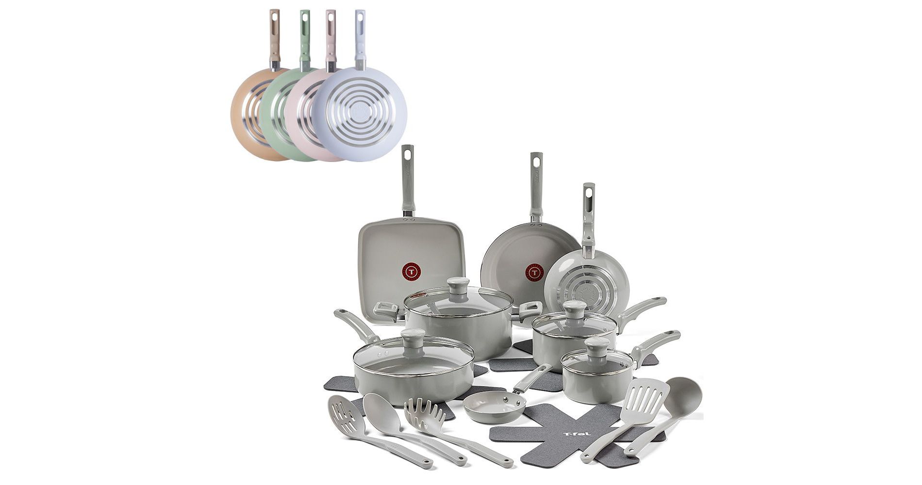 T-fal 20pc Ceramic Nonstick Cookware Set, Refresh Ceramic, Moon Grey