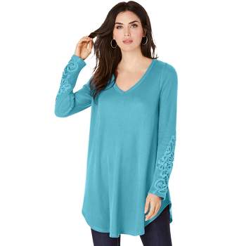 Roaman's Women's Plus Size V-Neck Lace-Sleeve Thermal Tunic
