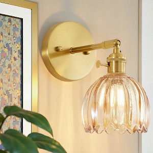 POWLIG 9.36-in 1-Light Amber Gold Vintage Floral Glass Armed Wall Sconce with Tulip Glass Shade - 1 of 4