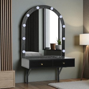 Wall Mounted Floating Makeup Vanity with Mirror & LED Lights, Compact Dressing Table with Power Outlets and Storage Drawers - 1 of 4