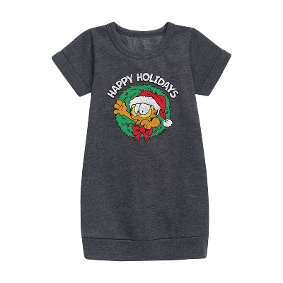 - Garfield - Happy Holidays Wreath Graphic Short Sleeve Fleece Dress