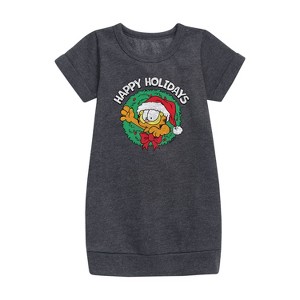 - Garfield - Happy Holidays Wreath Graphic Short Sleeve Fleece Dress - 1 of 3
