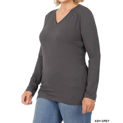 Women's Back to Basic V-Neck Long Sleeve Tee - Plus - ZENANA