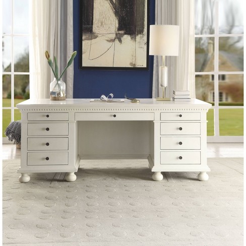 9 Drawers Rectangular Wooden Top Executive Desk And Bun Feet White Benzara Target