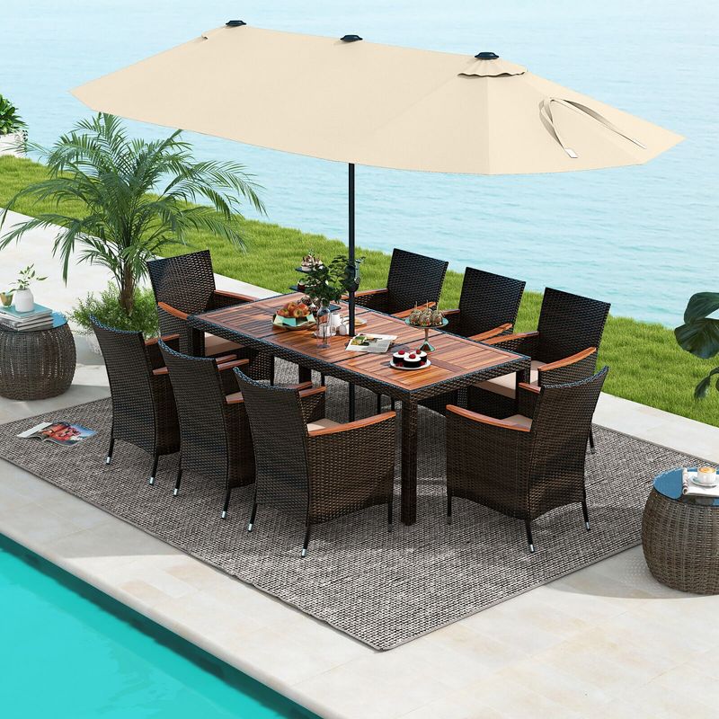 Tangkula 9 Piece Patio Wicker Dining Set w/ Double-Sided Patio Beige Umbrella Stackable Chairs, 3 of 11