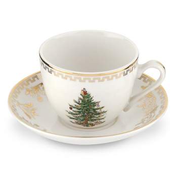 Spode Christmas Tree Gold Teacup and Saucer, Set of 4  - 7 oz.