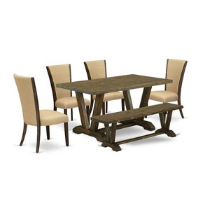 HomeStock 6-Piece Rectangle Distressed Jacobean Finish Solid Wood Top Dining Table with 1-Bench, 4-Chairs - 1 of 4