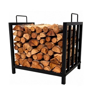 Small Firewood Rack Outdoor Indoor, Black Metal Wood Rack with Handles, Heavy Duty Log Holder Storage Organizer for Fireplace, Wood Stove, Fire Pit - 1 of 4