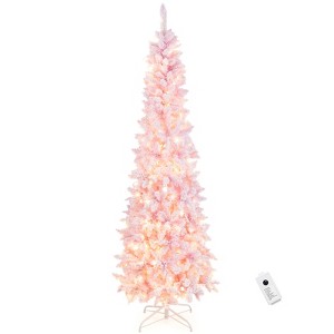 Tangkula 7FT Snow Flocked Christmas Tree, Pink Pencil Christmas Tree w/300 LED Lights & 8 Lighting Modes for Festival & Party Decoration - 1 of 4