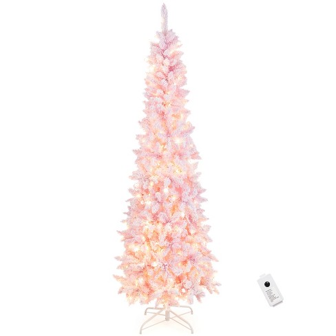 Tangkula 7FT Snow Flocked Christmas Tree, Pink Pencil Christmas Tree w/300 LED Lights & 8 Lighting Modes for Festival & Party Decoration - image 1 of 4