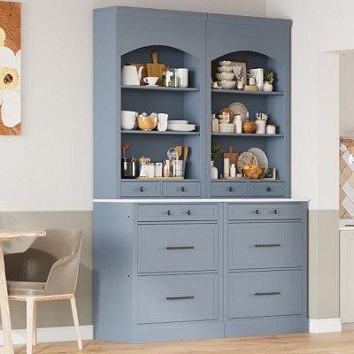 Set of 2, 83.7"H Freestanding Kitchen Pantry Cabinet with Faux Marble Top, 5 Storage Drawers and Adjustable Shelves for Dining-The Pop Home