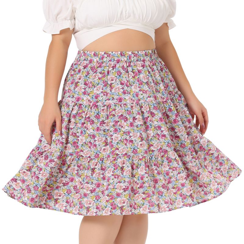 Agnes Orinda Women's Plus Size Elastic High Waist Ruffle Hem Pleated Midi Floral Print A Line Skirts, 2 of 6