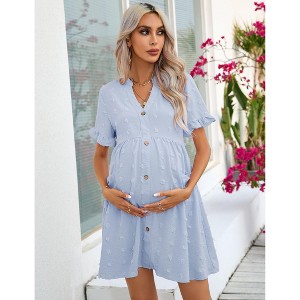 Womens Maternity Dress V Neck Lantern Sleeve Jacquard Dot Pocket Babydoll Baby Shower Dress - 1 of 4